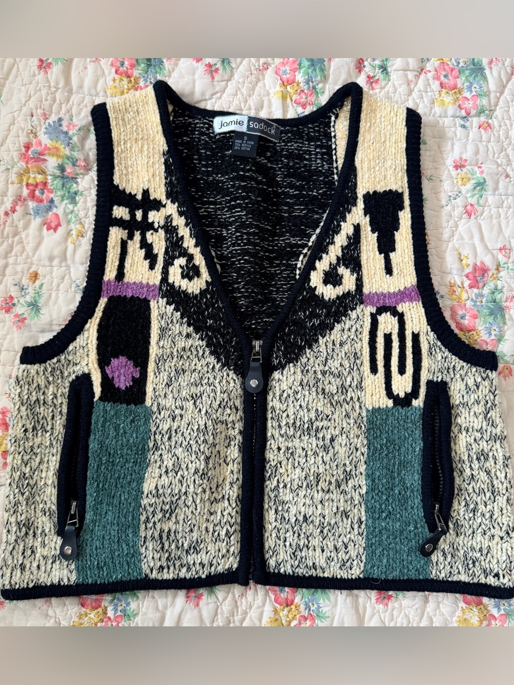 Jamie Sadock Women's Retro Knit Zip Vest - Cream, Black & Teal, Small